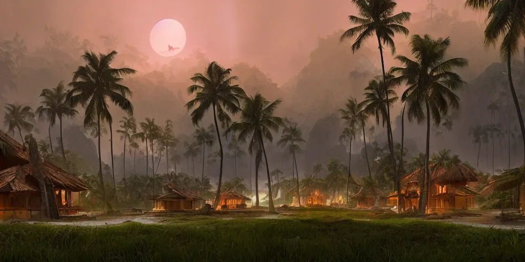 Prompt: establishing shot of a kerala village, architectures by zaha hadid, an epic fantasy, dramatic lighting, cinematic, extremely high detail, photorealistic, cinematic lighting, matte painting, artstation, by simon stalenhag, horizon forbidden west