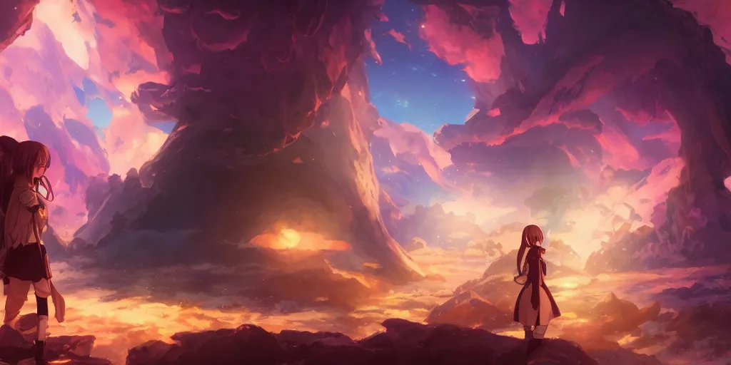 Image similar to isekai masterpiece by mandy jurgens, irina french, rachel walpole, ross tran, illya kuvshinov, deeznutz, and alyn spiller of an anime woman standing tree log looking up at giant crystals, nebula night, cinematic, very warm colors, intense shadows, ominous clouds, anime illustration, anime screenshot composite background