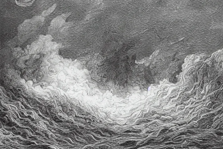 Image similar to black and white, close-up portrait of flowers drowning in the storm ocean, Gustave Dore lithography