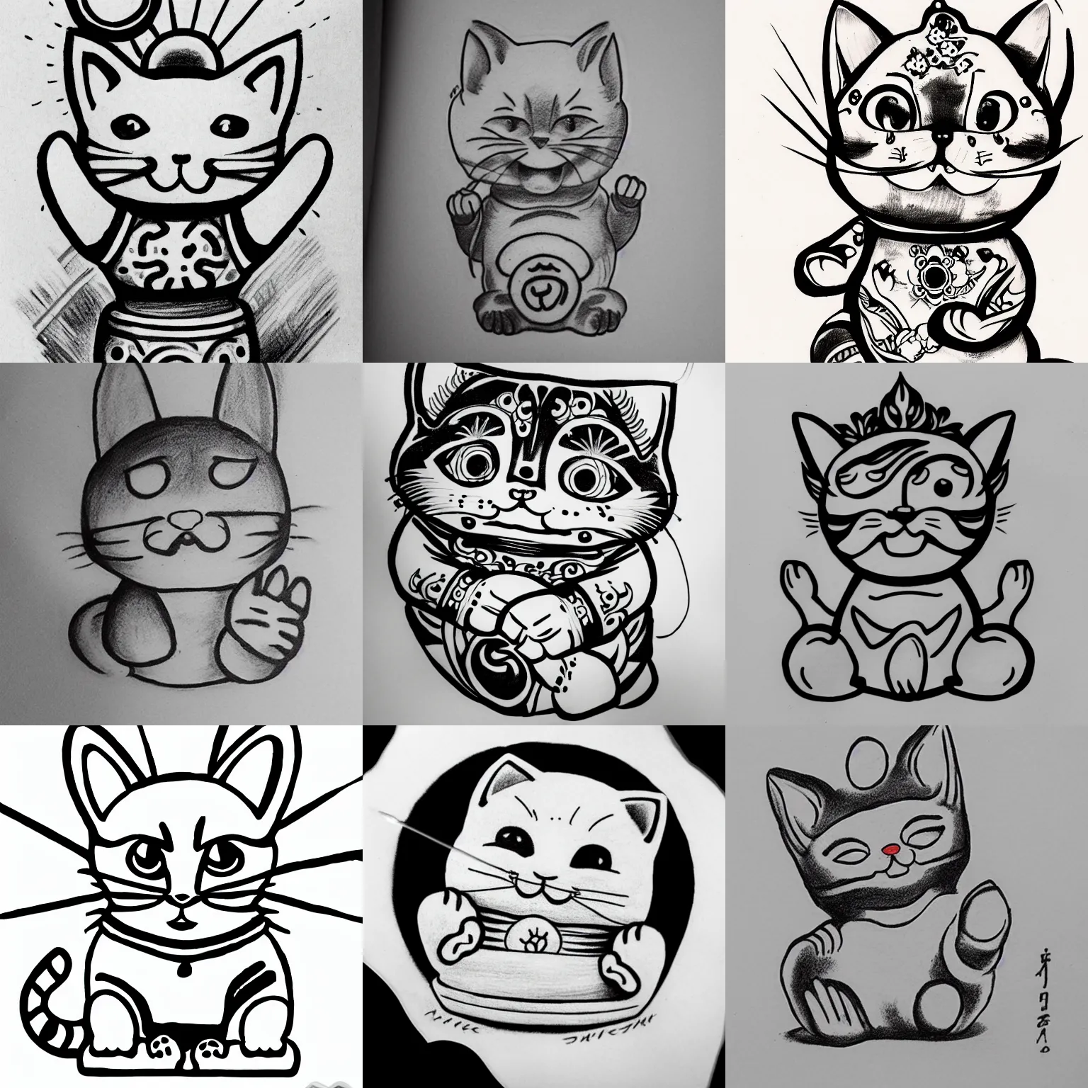 Prompt: tattoo drawing of a cute smiling maneki neko, waving with a paw, with a sun in background, black and white