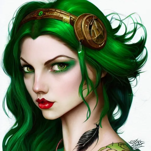 Image similar to green hair tattooed pinup hannah murray, rogue bard, feathers, baldurs gate, diablo, dnd, deep focus, turnaround, fantasy, intricate, elegant, highly detailed, digital painting, artstation, concept art, matte, sharp focus, illustration, hearthstone, art by artgerm and greg rutkowski and alphonse mucha.