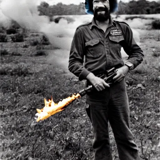 Image similar to bob ross holding a flamethrower in the vietnam war