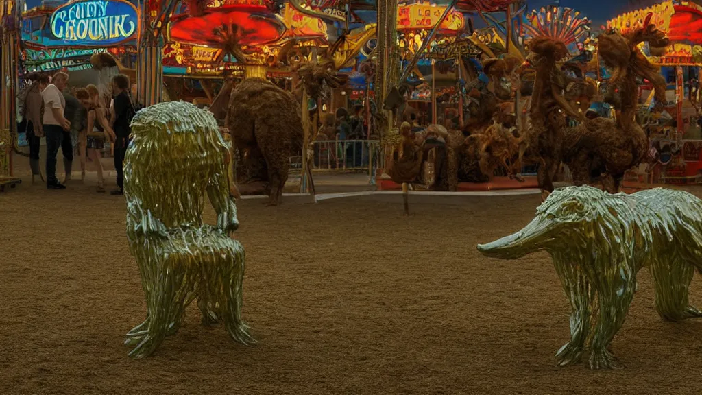 Prompt: the strange creature at the county fair, made of water and oil, film still from the movie directed by Denis Villeneuve with art direction by Salvador Dalí, wide lens