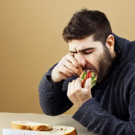 Prompt: a man eating a sandwhich while looking sad, realistic photo,