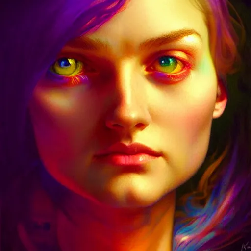 Image similar to bright asthetic portrait LSD glowing backlit, fantasy, intricate, elegant, dramatic lighting, highly detailed, lifelike, photorealistic, digital painting, artstation, illustration, concept art, smooth, sharp focus, art by John Collier and Albert Aublet and Krenz Cushart and Artem Demura and Alphonse Mucha