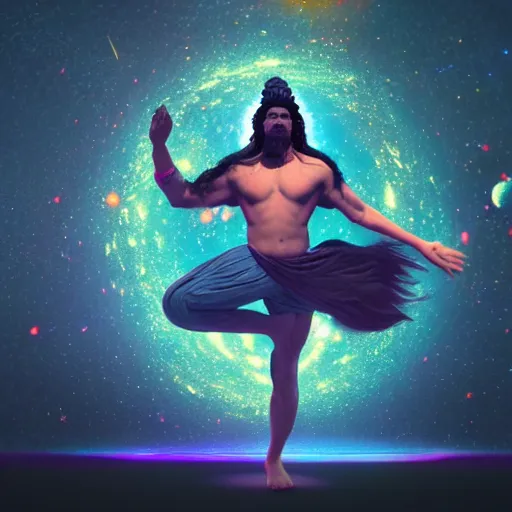 Image similar to Dreamt in 47.55s for !dream Epic wide angle portrait of Shiva generating the universe with his dance, digital painting, octane render