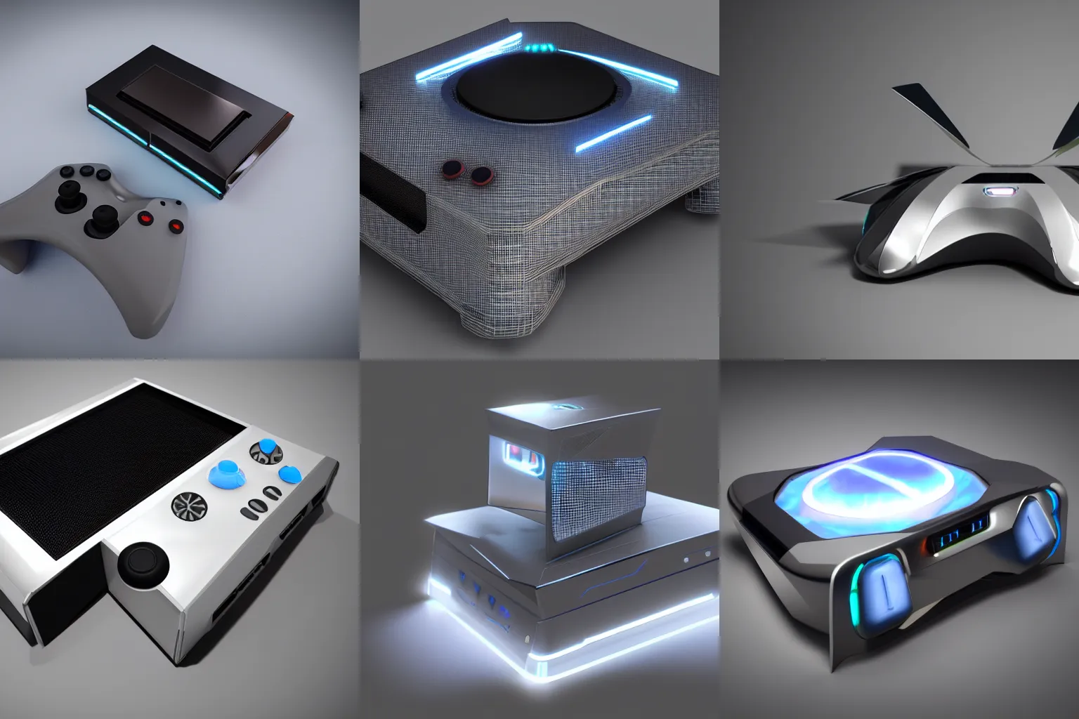 Prompt: futuristic game console, fan concept, 3 d render, blender, unreal engine, shiny, reflective, highly detailed