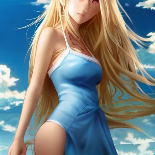 Image similar to a very beautiful young anime girl with 2 0 meters extremely long blond hair, full body, extremely long wavy 2 0 meters long blond hair, sky blue eyes, full round face,, bikini, miniskirt, front shot, extremely long thick blond hair, highly detailed, cinematic wallpaper by stanley artgerm lau