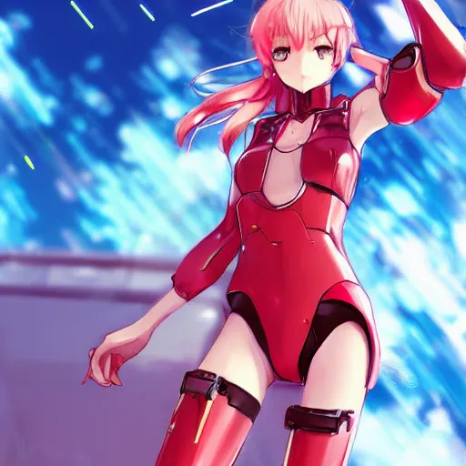 Image similar to digital anime art, wlop, rossdraws, sakimimichan, > > very small cute girl < < standing on a large table, red mech arms and red mech legs,