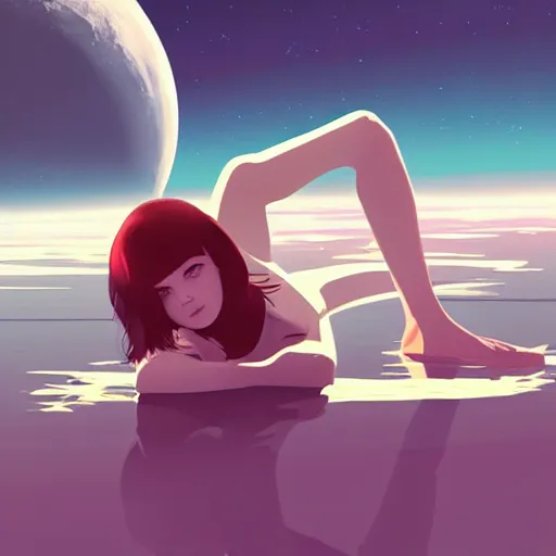 Image similar to a woman floating in space by ilya kuvshinov, digital art, smooth lines