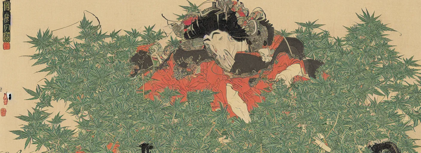 Image similar to full armored knight sitting in a huge field of cannabis plants, katsushika hokusai, high details, colorful, atmospheric light