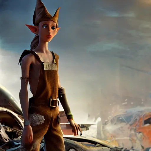 Prompt: a skinny high-fantasy elf with a long narrow face and spiky blonde hair wearing dark brown overalls and holding a bomb next to a destroyed car, high resolution film still, 8k, artstation