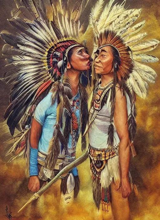 Prompt: two indigenous people working together, fantasy art