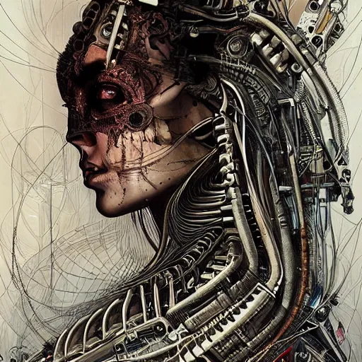 Image similar to a portrait of a woman with mechanical patterns by android jones and hr giger