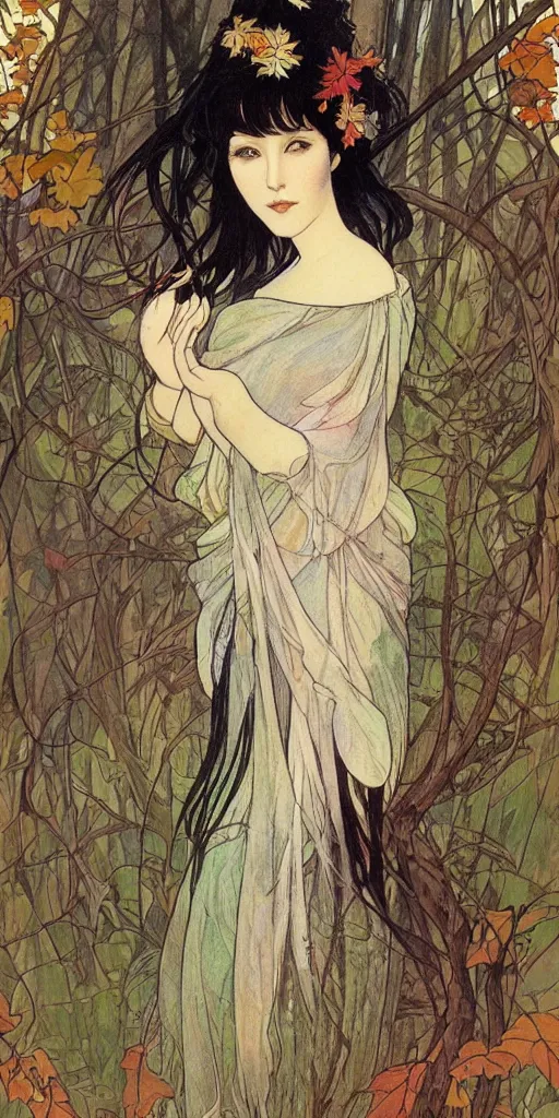 Prompt: a beautiful illustration of a beautiful lady with black hair in a forest in autumn, style of yoshitaka amano and alfons mucha