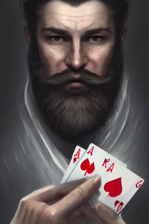 Prompt: lower chin bearded round face with no moustache, magician holding playing cards, realistic, modern, magicians eyes are covered with cloth, intricate, elegant, highly detailed, digital painting, artstation, concept art, addiction, chains, smooth, sharp focus, illustration, art by ilja repin