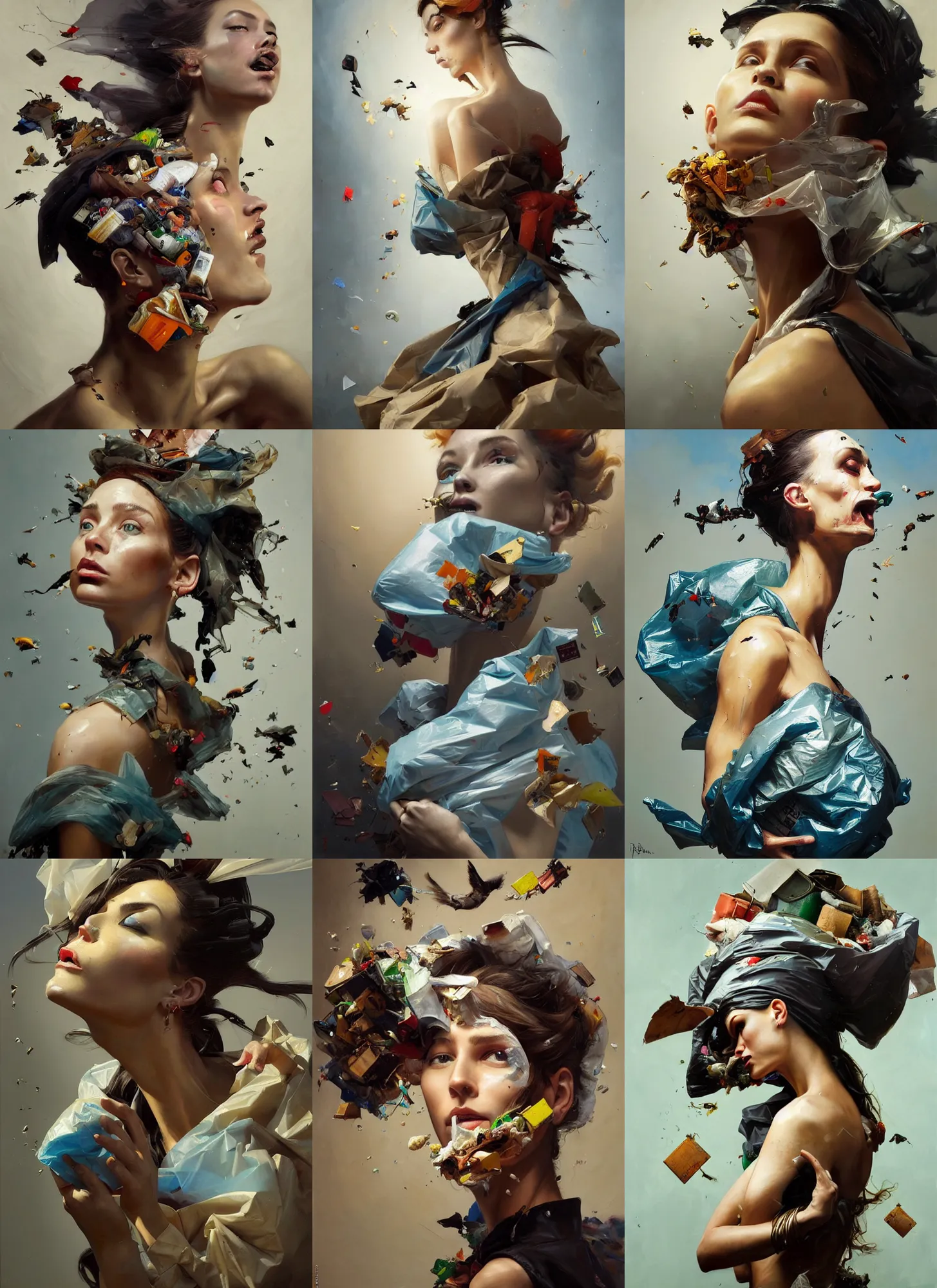 Image similar to fine art portrait oil painting of a beautiful woman with garbage flying into her face, wearing a plastic garbage bag, perspective, ultra detailed, elegant, intricate, dynamic lighting, hyperrealism, sharp focus, art by peter mohrbacher and ashley wood and andrei riabovitchev