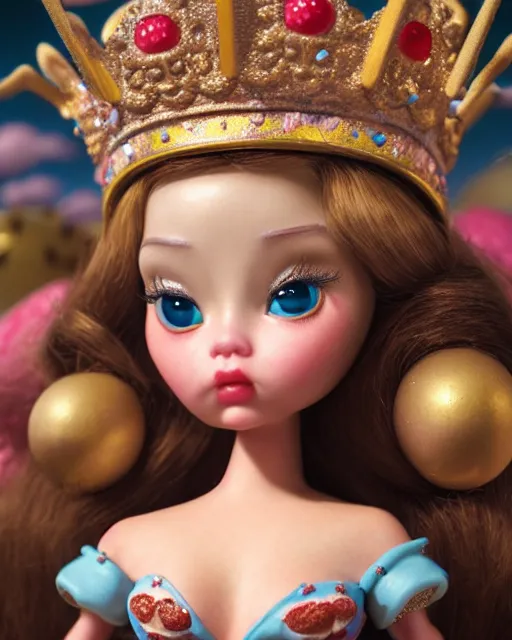 Image similar to highly detailed closeup, face profile portrait of a tin toy fairytale princess wearing a crown eating cakes, bikini, unreal engine, nicoletta ceccoli, mark ryden, earl norem, lostfish, global illumination, detailed and intricate environment