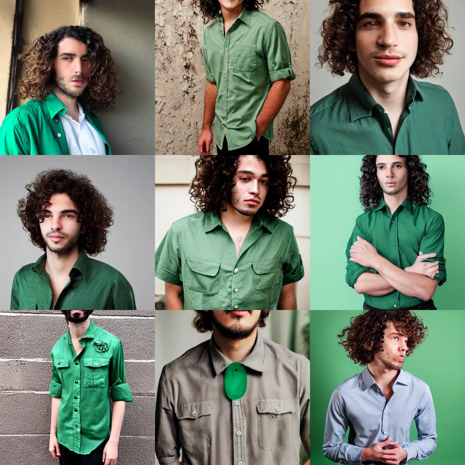 Prompt: beautiful young man with long curly brown hair and a straight line scar going from below his lip down his entire body, wearing an emerald green button up shirt