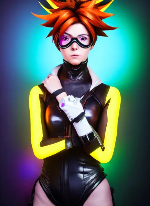 Image similar to full body overwatch style oil painting portrait of tracer overwatch, confident pose, wearing black iridescent rainbow latex, rainbow, neon, 4 k, expressive surprised expression, makeup, wearing black choker, studio lighting, black leather harness, expressive detailed face and eyes,