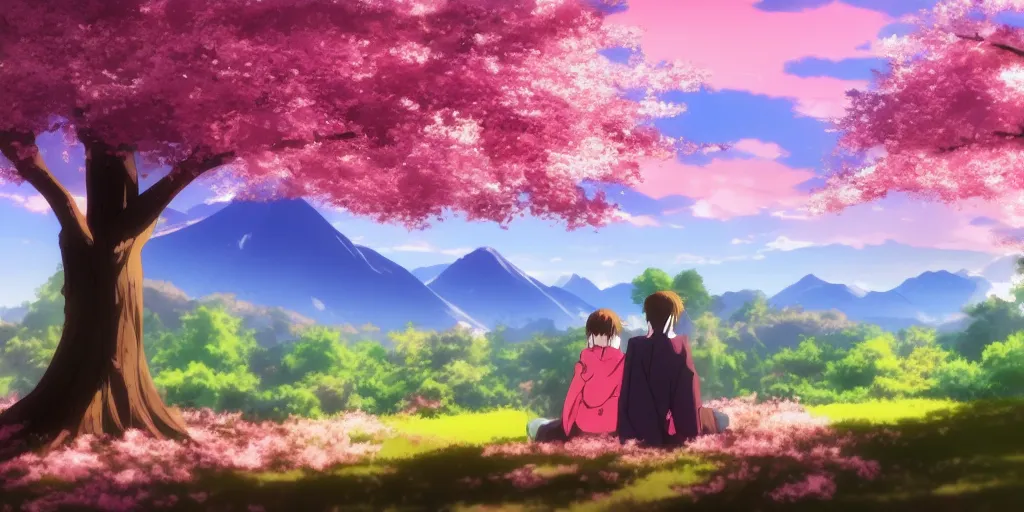 Image similar to A beautiful landscape, trees with cherry blossoms in the foreground, mountains and sunset in the background. Under a tree sits a young couple, anime style