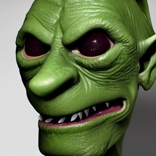 Prompt: portrait of a goblin. Green skin, pointy nose and evil grin. Detailed face. Photo 8K.