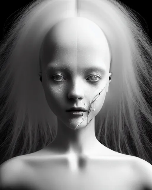 Image similar to monochrome, delicate, dreamy, feminine, subsurface scattering, white, young beautiful robot - cyborg in cosmos long white hair floating in air, fluid smoke art, black and white, octane render, dino valls, mark ryden, joe fenton, michal karcz, highly detailed, rim light, art, cinematic lighting, hyper realism, 8 k