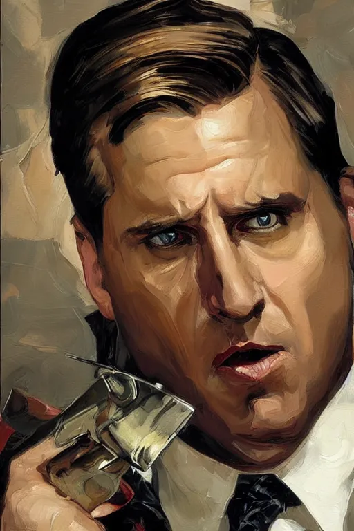 Image similar to michael scott fighting dwight schrute, painting by jc leyendecker!! phil hale!, angular, brush strokes, painterly, vintage, crisp