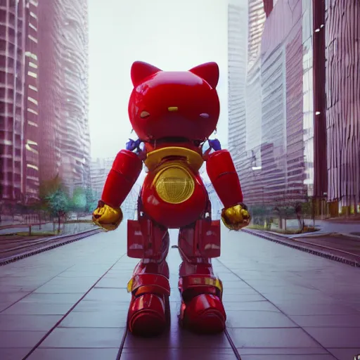 Prompt: a beautiful hyperrealistic ultradetailed 3D render of a hello kitty shaped mecha standing in the city, by brian sum and stephen martiniere and Antonio Manzanedo. mech, dragon, unreal engine, octane render, PBR, 3D, brilliantly colored, intricate, wide angle, volumetric lighting, polished, path tracing