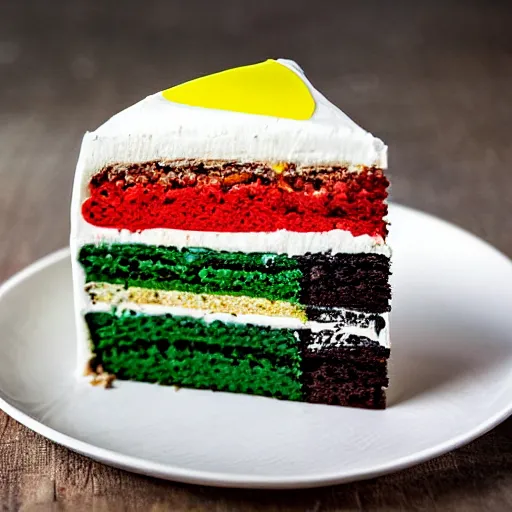 Image similar to slice of cake, the cake has the pattern of the south african flag, south african, realistic photograph