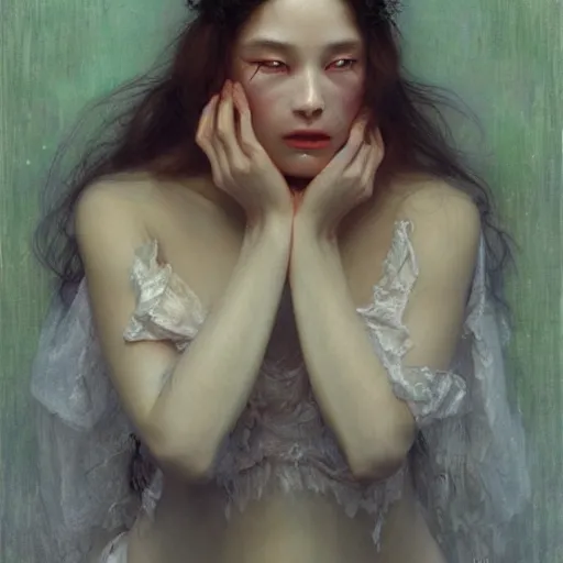 Image similar to epic masterpiece full body portrait a woman crying, beautiful face and flawless skin, perfect hands by Edgar Maxence and Ross Tran and Michael Whelan