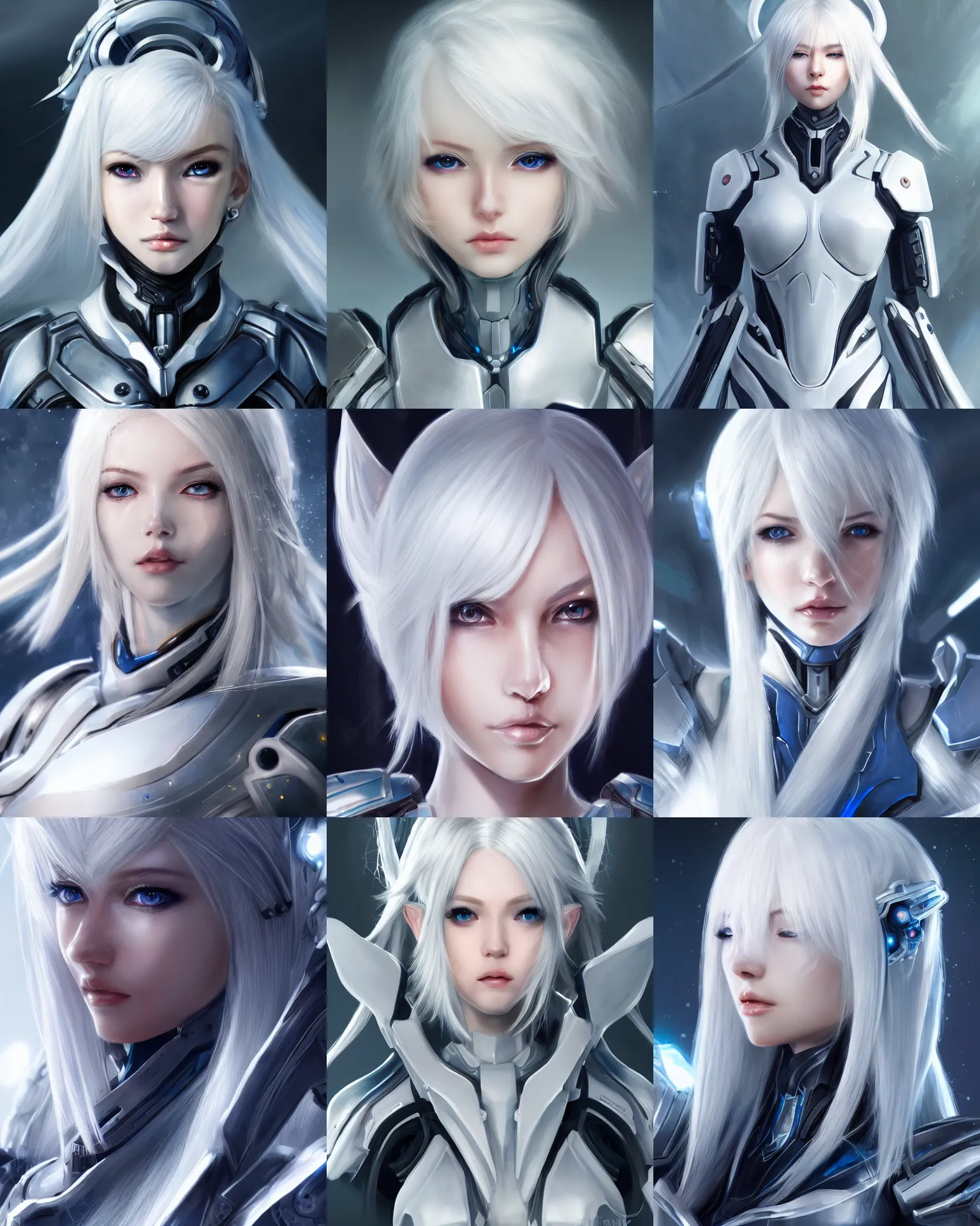 Image similar to detailed portrait of perfect white haired girl, android, warframe armor, beautiful, pretty face, blue cyborg eyes, innocent, scifi, 4 k, sun yunjoo, ultra realistic, aura of light, cinematic lighting, highly detailed, sharp focus, artstation, masterpiece, art by hyungjin yang and akihito tsukushi