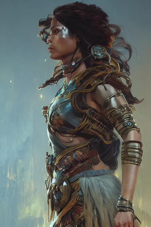 Image similar to portrait of a female Amazon warrior looking fierce, sci-fi, fantasy, intricate, dramatic studio lighting, highly detailed, high contrast, backlit, cgsociety, artstation, octane render, unreal engine, concept art, sharp focus, art by artgerm and greg rutkowski and alphonse mucha