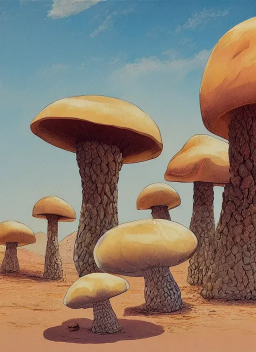 Prompt: painting of a desert scene with a large mushroom, concept art by moebius, behance contest winner, nuclear art, concept art, matte drawing, official art