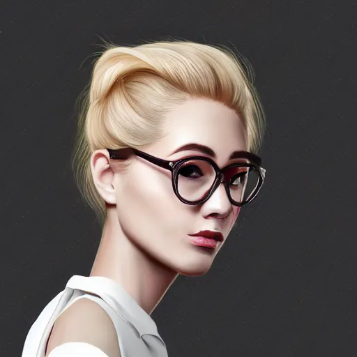 Image similar to middle aged beautiful french woman with blonde hair tied in a strict bun, spectacles, lots of makeup, arrogant, rich, expensive voluminous dress, character portrait, digital art, high quality, 8 k, detailed, d & d character,