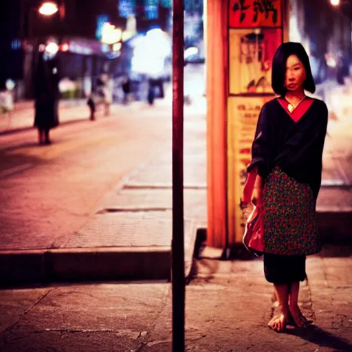 Prompt: woman, beautiful asian, standing in front of the camera, emotionless, night street, staring at the camera, blue and red, city lights, by steve mccurry, photograph, portrait