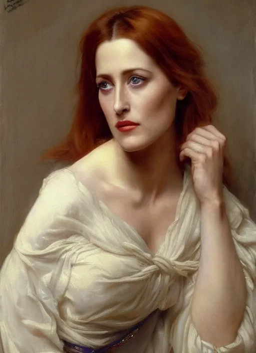 Image similar to a beautiful painting of young gillian anderson by felix resurreccion hidalgo, pre-raphaelite, detailed, trending on artstation, hd, masterpiece