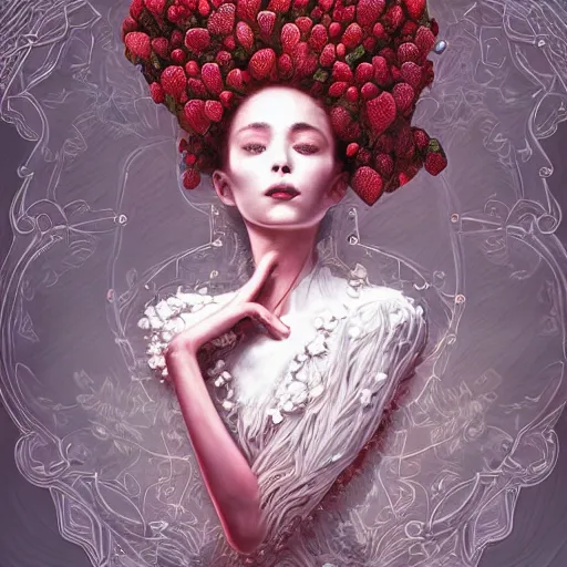 Image similar to the portrait of an absurdly beautiful, graceful, elegant, sophisticated, fashionable woman made of strawberries and white petals looking down, an ultrafine hyperdetailed illustration by kim jung gi, irakli nadar, intricate linework, bright colors, octopath traveler, final fantasy, unreal engine 5 highly rendered, global illumination, radiant light, detailed and intricate environment