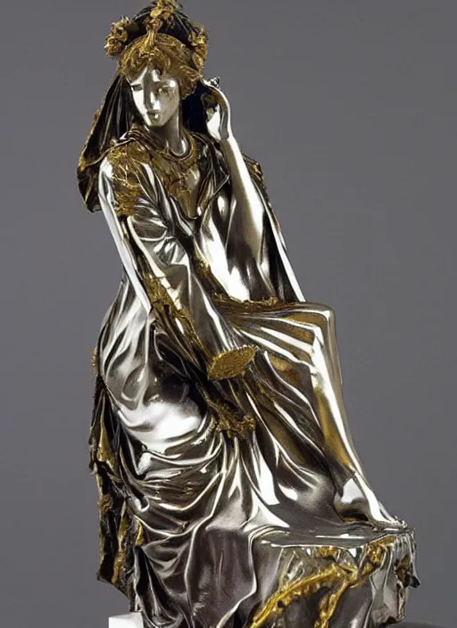 Image similar to Goth girl, fractal silver and gold sculpture by Alphonse Mucha