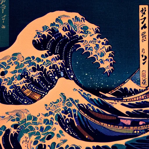 Image similar to acid trip of great wave of kanagawa, cyberpunk, neon, dramatic lighting