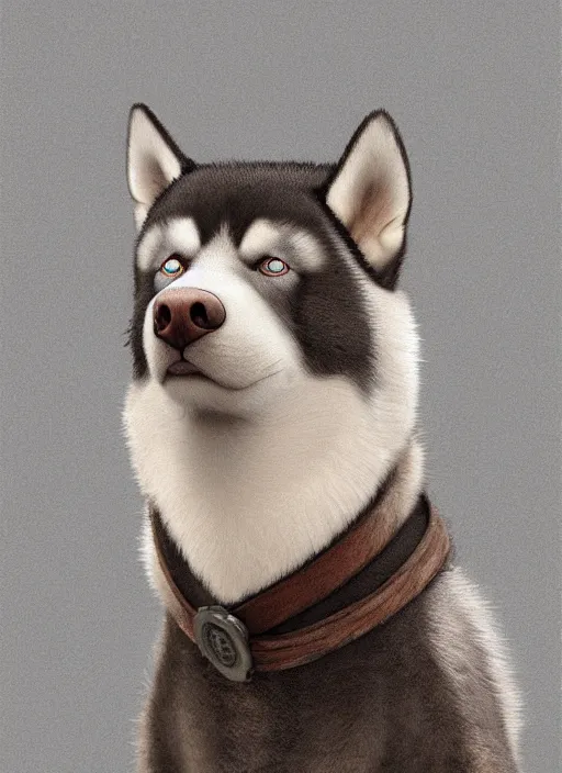 Prompt: masterpiece portrait of a cute husky as a gentleman, au naturel, hyper detailed, digital art, trending in artstation, cinematic lighting, studio quality, smooth render, unreal engine 5 rendered, octane rendered, art style by klimt and nixeu and ian sprigger and wlop and krenz cushart and kim jung gi and greg rutkowski