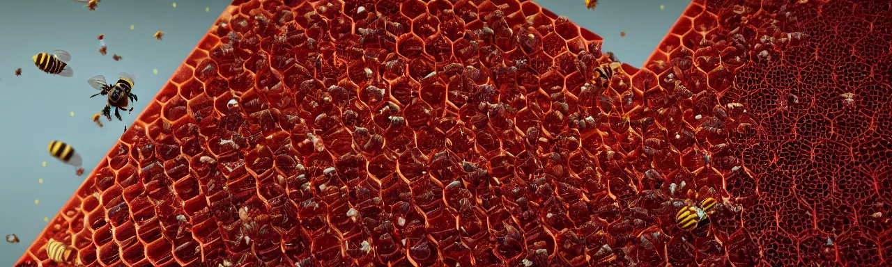 Image similar to crimson - black honeycomb dripping honey, bees flying, photorealistic, octane render, rtx, hdr, unreal engine, digital art widescreen 8 k