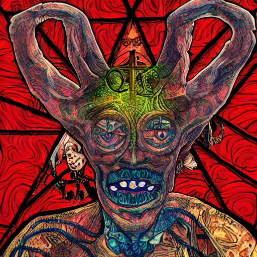 Image similar to portre of an autistic demon on acid, masonic and kabalistic symbols in background, digital art, 8k, delicate details