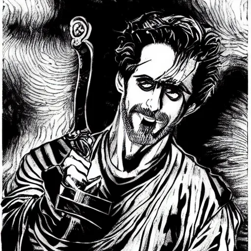 Image similar to pen and ink!!!! attractive 22 year old deus ex Frank Zappa x Ryan Gosling golden!!!! Vagabond!!!! magic swordsman!!!! glides through a beautiful battlefield magic the gathering dramatic esoteric!!!!!! pen and ink!!!!! illustrated in high detail!!!!!!!! by Hiroya Oku!!!!!!!!! Written by Wes Anderson graphic novel published on shonen jump MTG!!! 2049 award winning!!!! full body portrait!!!!! action exposition manga panel