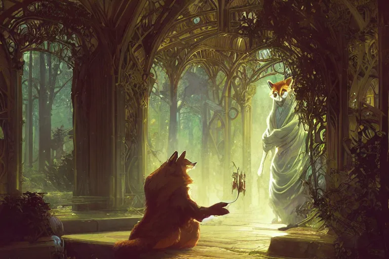 Prompt: an anthropomorphic fox wizard wearing long flowing robes teaches his apprentice a new magical spell in front of a magical gateway to another universe, illustration by greg rutkowski, thomas kindkade, alphonse mucha, loish, norman rockwell, artstation, furaffinity