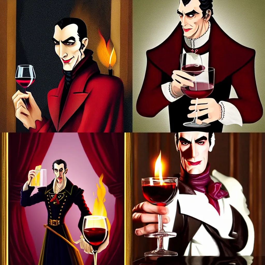 Prompt: strahd von zarovich holding a glass of red wine and a lit match