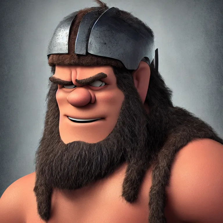 Image similar to studio portrait of a barbarian, pixar, head looking straight on