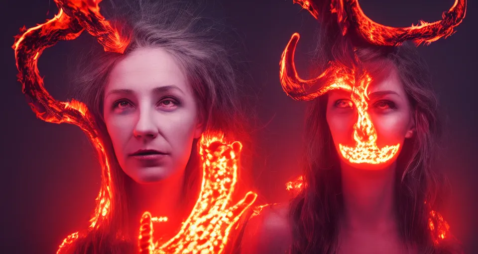 Image similar to portrait of a woman with horns made of flames in the wisps of thick smoke, looking into the camera, nightmare fuel, studio photography, studio lighting, realistic render, octane render, 4 k, 8 k, face in focus