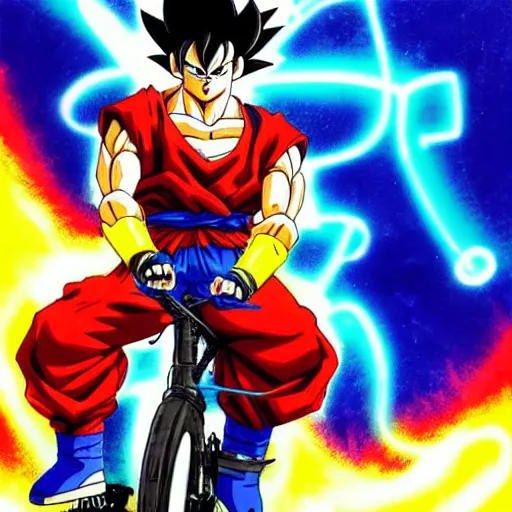 Image similar to Goku riding a electric neon bike, Yoji Shinkawa