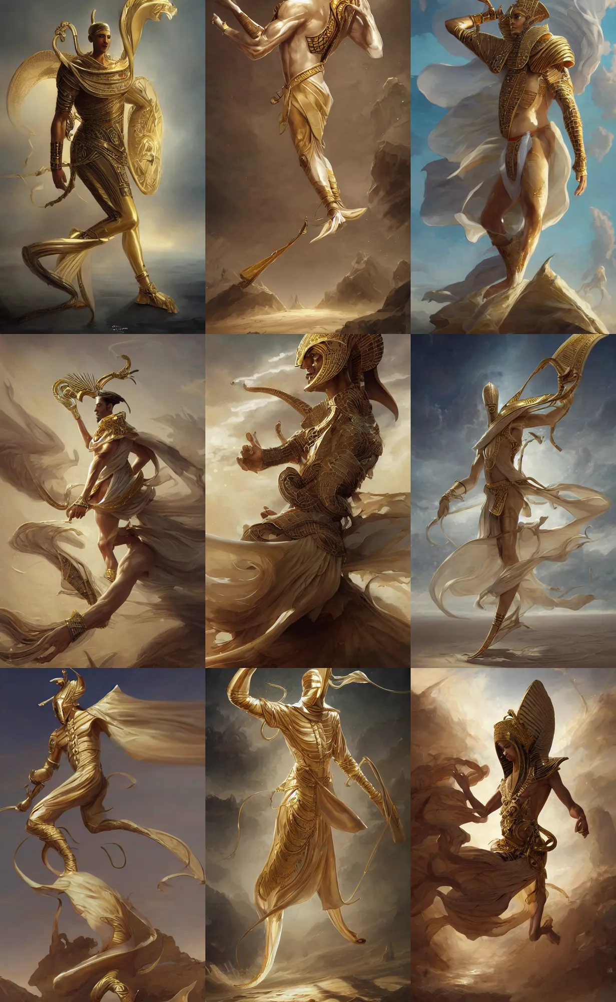 Prompt: ivory skin, wind egyptian god, full body shot, male, golden cloth in the wind, highly detailed, digital painting, artstation, concept art, sharp focus, illustration, orientalism, art by aleksi briclot and mohrbacher and raphael lacoste and magali villeneuve